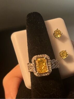 Sterling Silver Yellow Citrine Halo Ring (size 6) and Stud Earrings Set